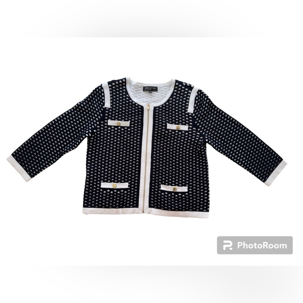 Jones NY Collection Women’s navy white nautical zip front cotton cardigan Large